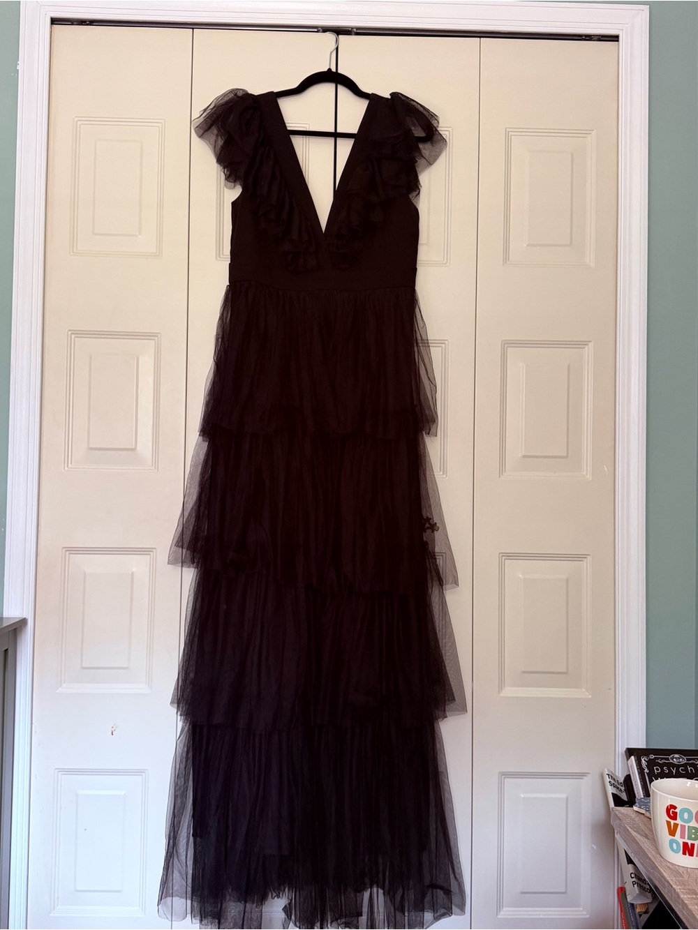 Black Tiered V‑Neck Tulle Maxi Dress